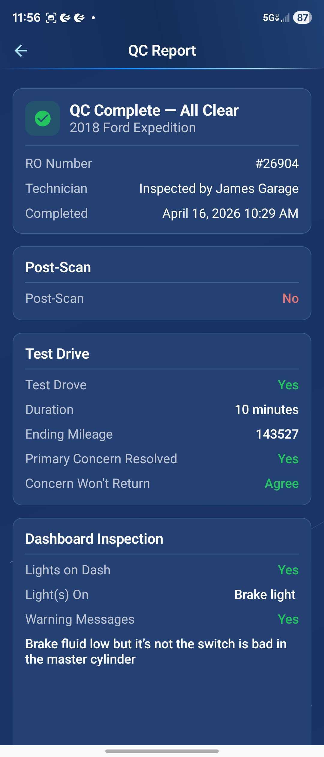Quality control report on Android