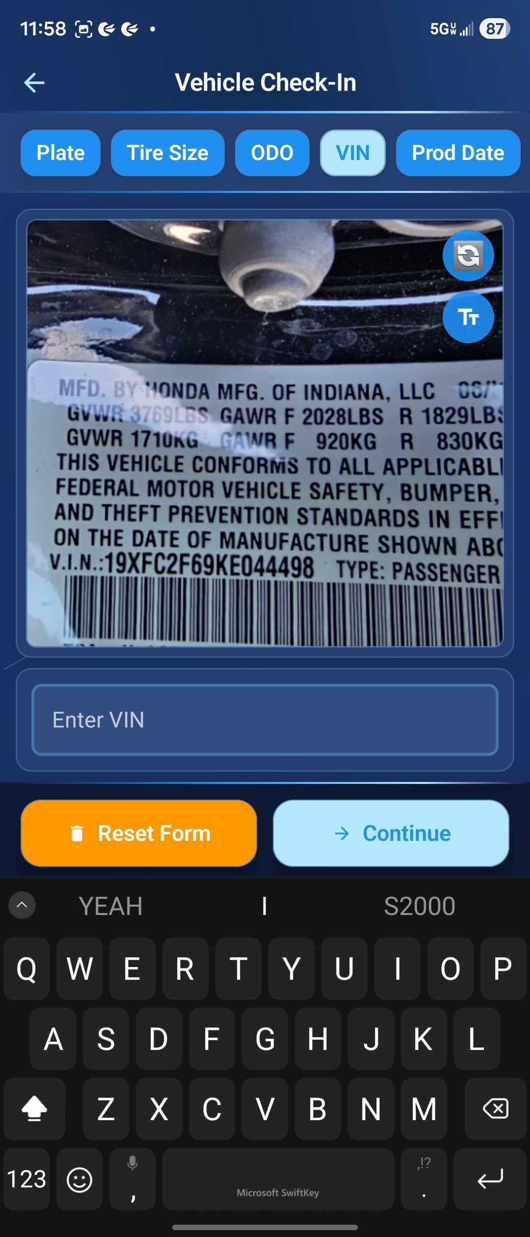 Vehicle check-in VIN capture on Android