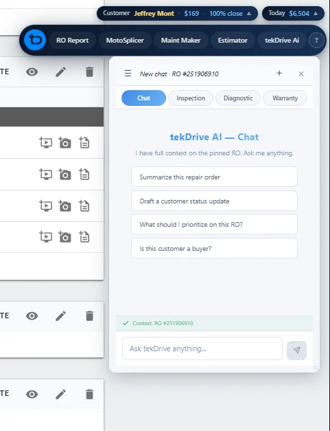 TekDrive AI assistant inside Tekmetric with repair order context