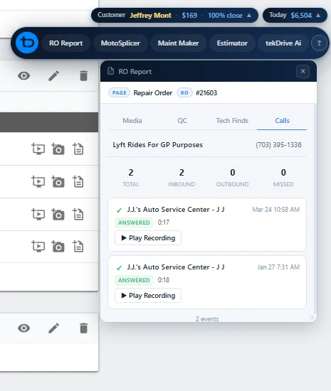 TekDrive Chrome Extension showing call recordings for a repair order