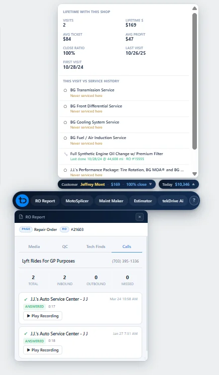 TekDrive sidebar overlay on Tekmetric showing customer history and tools